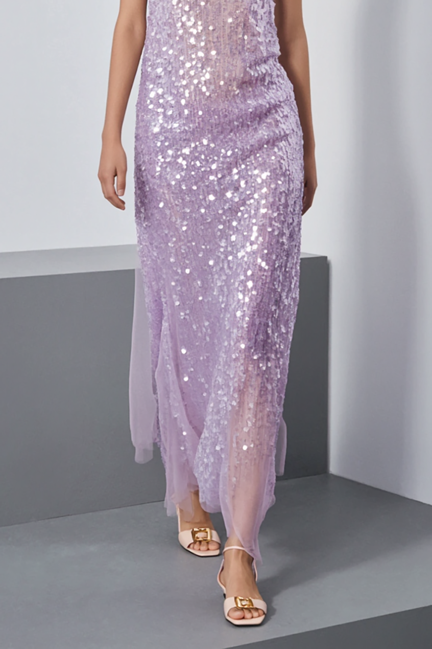 Party Sequin Dress Purple Spaghetti Strap Lace Midi Dress