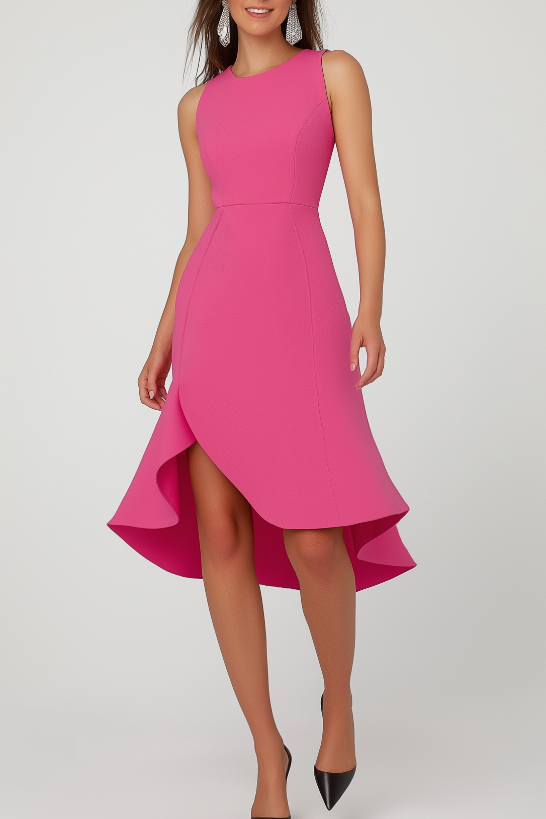 Semi-Formal Party Dress Pink Round Neck Sleeveless Midi Dress