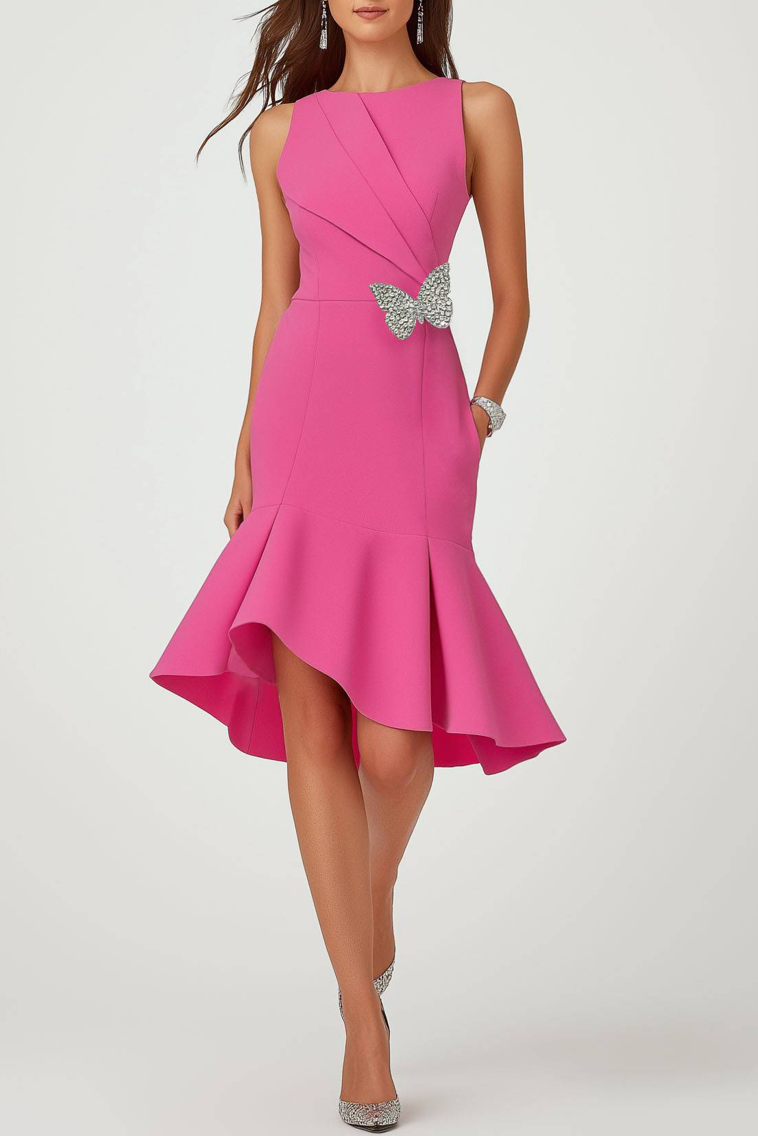 Semi-Formal Party Dress Pink Round Neck Butterfly Mermaid Midi Dress