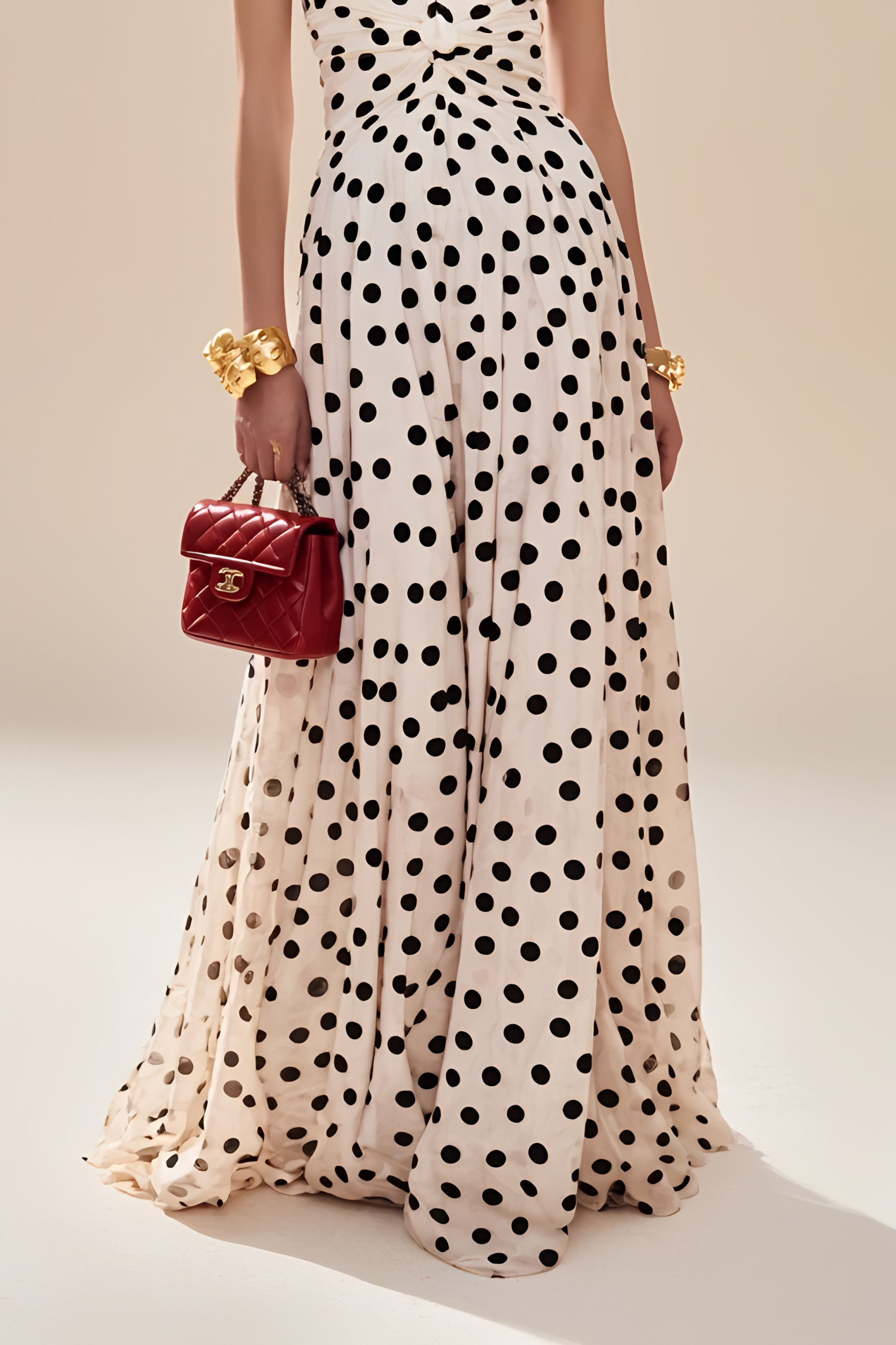 Holiday Party White Dress Spaghetti Strap Black Polka Dot Floor-Length Gown