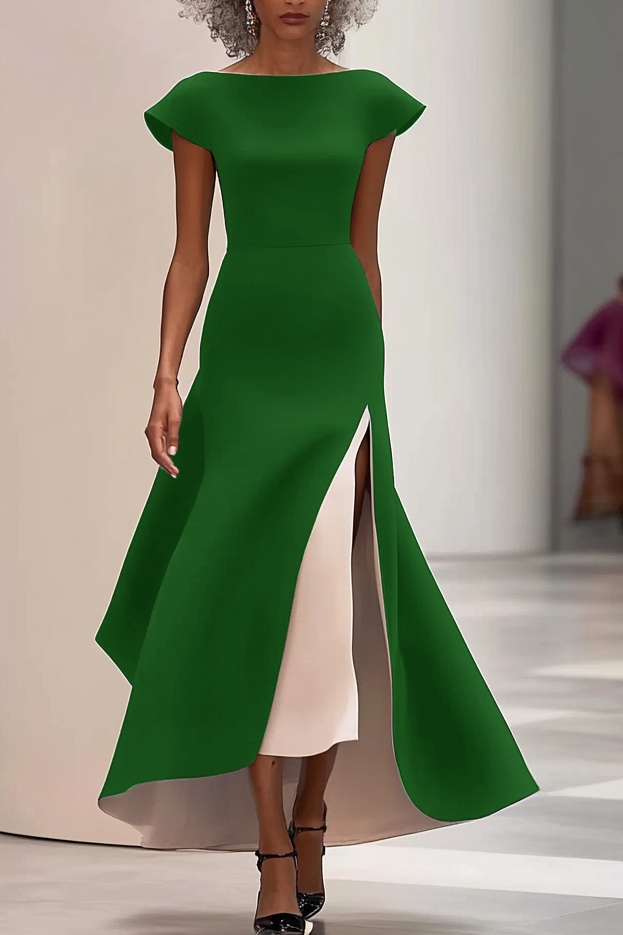 Elegant Slit Dress Cap Sleeve Black White Color Block Maxi Dress