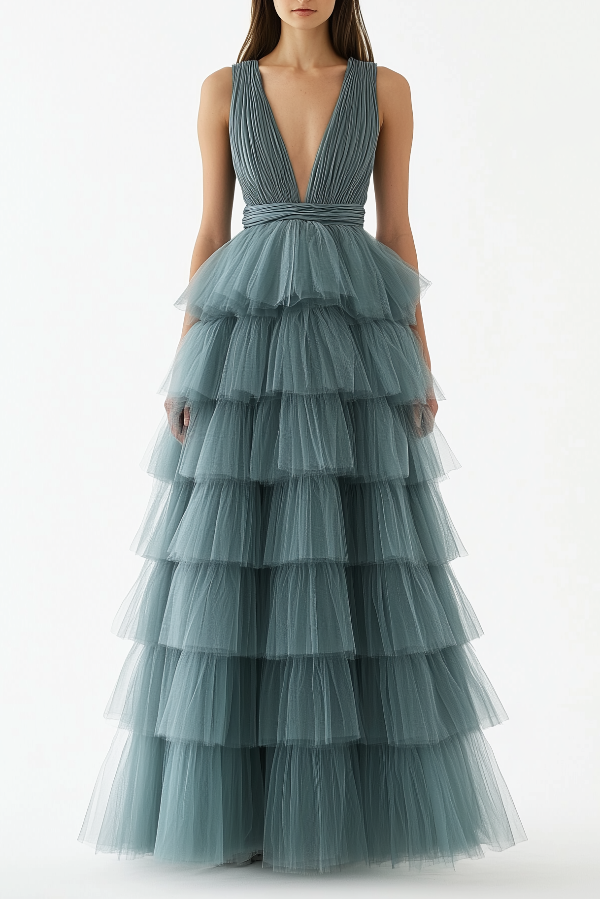 Prom Dress Green Sleeveless Deep V Tiered Layer Dress Floor-Length Gow