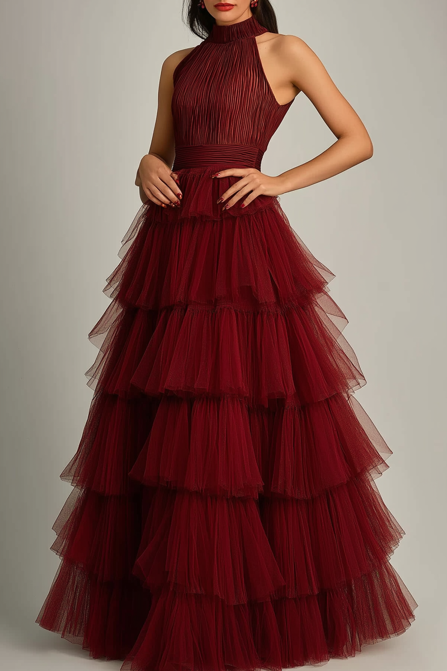 Prom Dress Green Sleeveless Deep V Tiered Layer Dress Floor-Length Gow