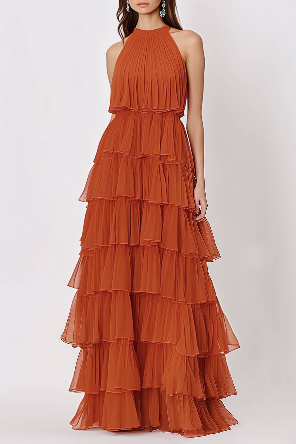 Evening Prom Dress Orange Halter Tiered Layer Dress Floor-Length Gown