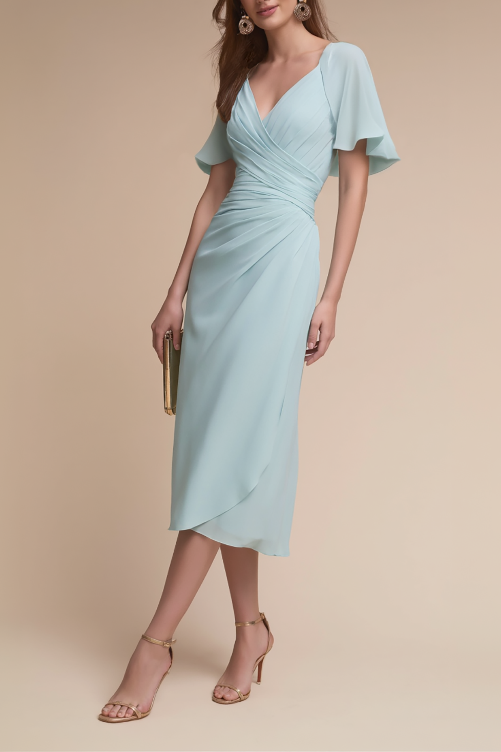 Wedding Guest Semi-Formal Dress Light Blue V-Neck Chiffon Midi Dress