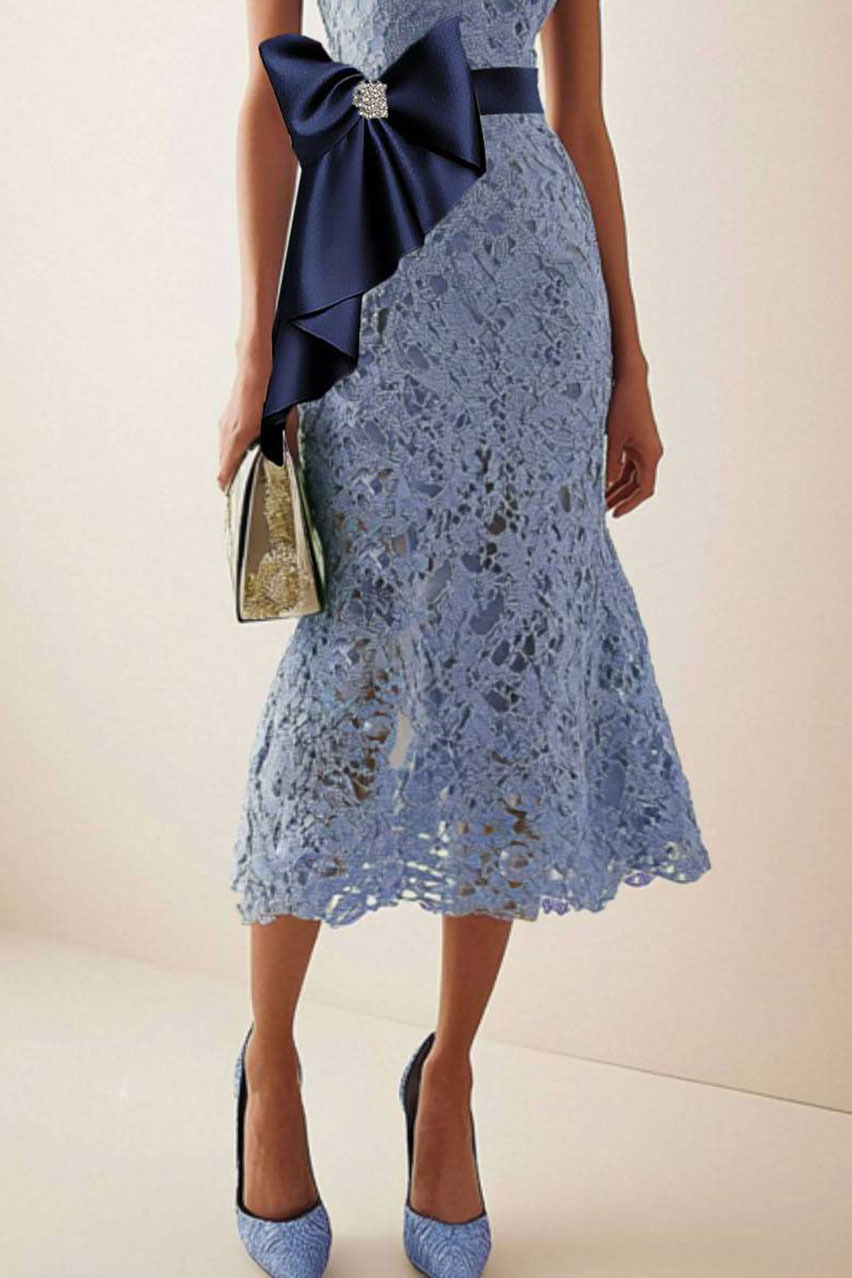 Elegant Lace Mermaid Dress Short Sleeves Navy Bow Accent Midi Dress