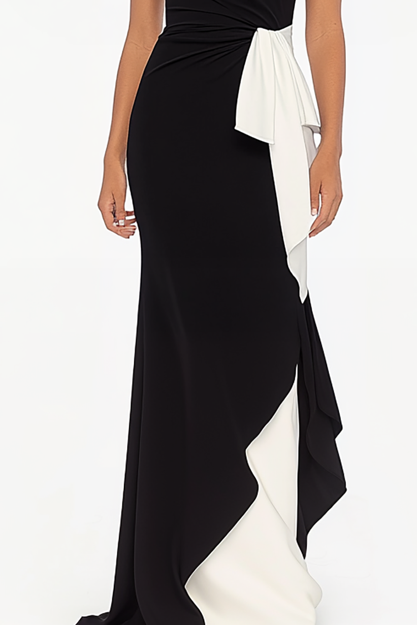Cocktail Party Pleated Dress Sleeveless Black White Ruffle Maxi Dress