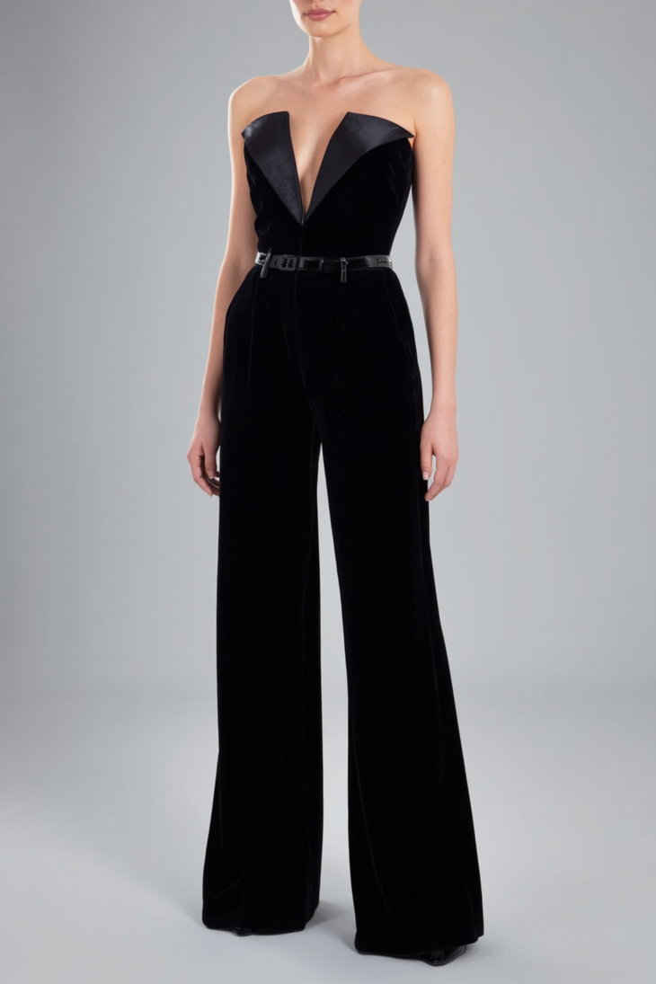 Chic Party Jumpsuit Black Deep V-Neck Strapless Straight-Leg Pants