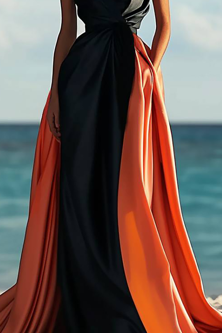 Formal Strapless Dress Black-Orange Pocketed Floor-Length Gown