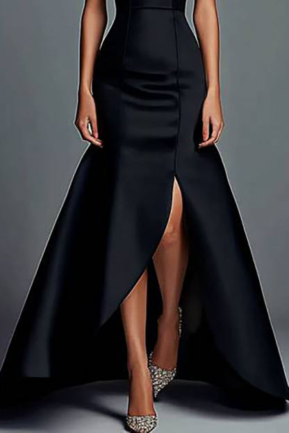 Evening Strapless Dress Black Mermaid Split Floor-Length Gown