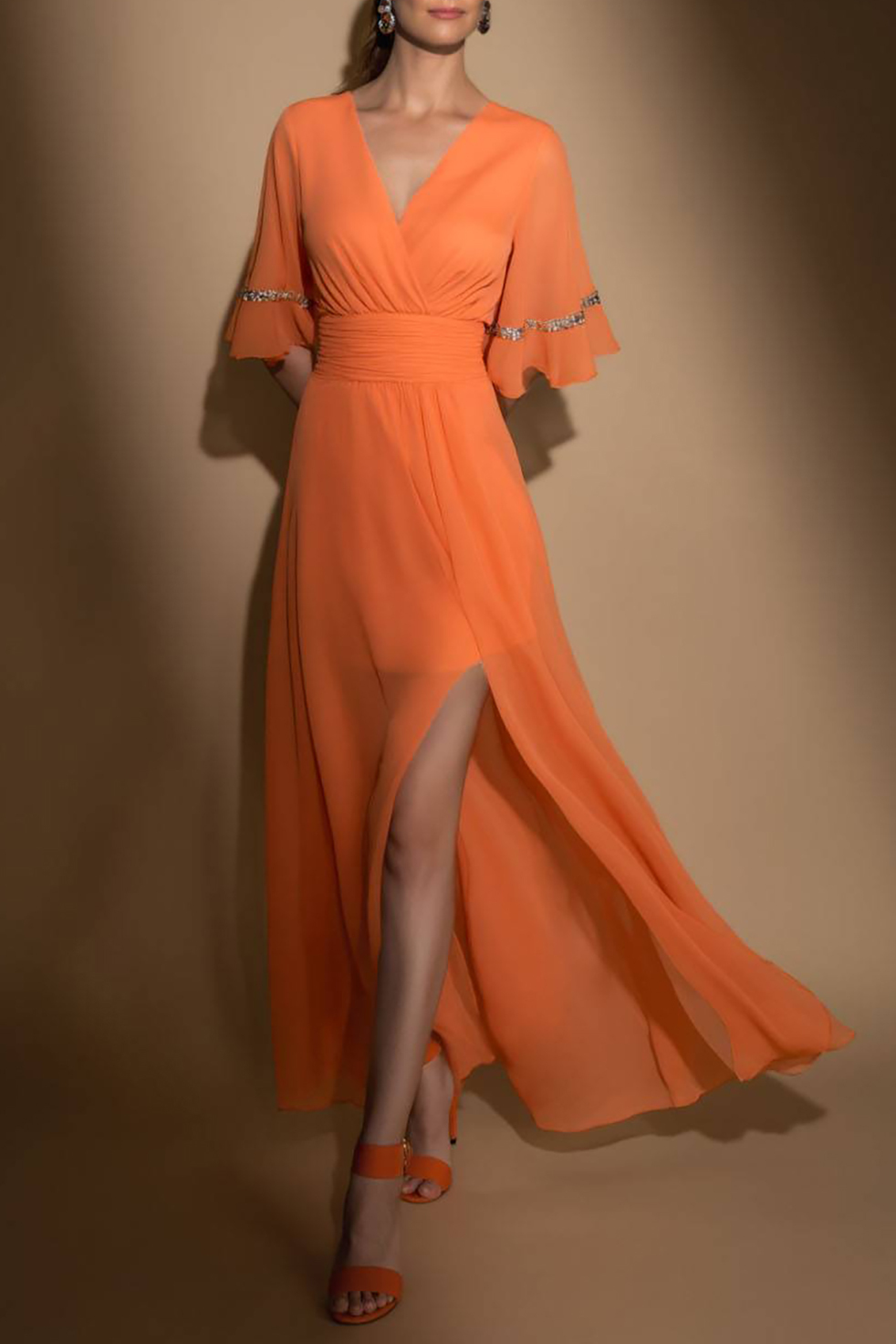 Cocktail Party Dress Orange V-Neck Side Slit Chiffon Maxi Dress