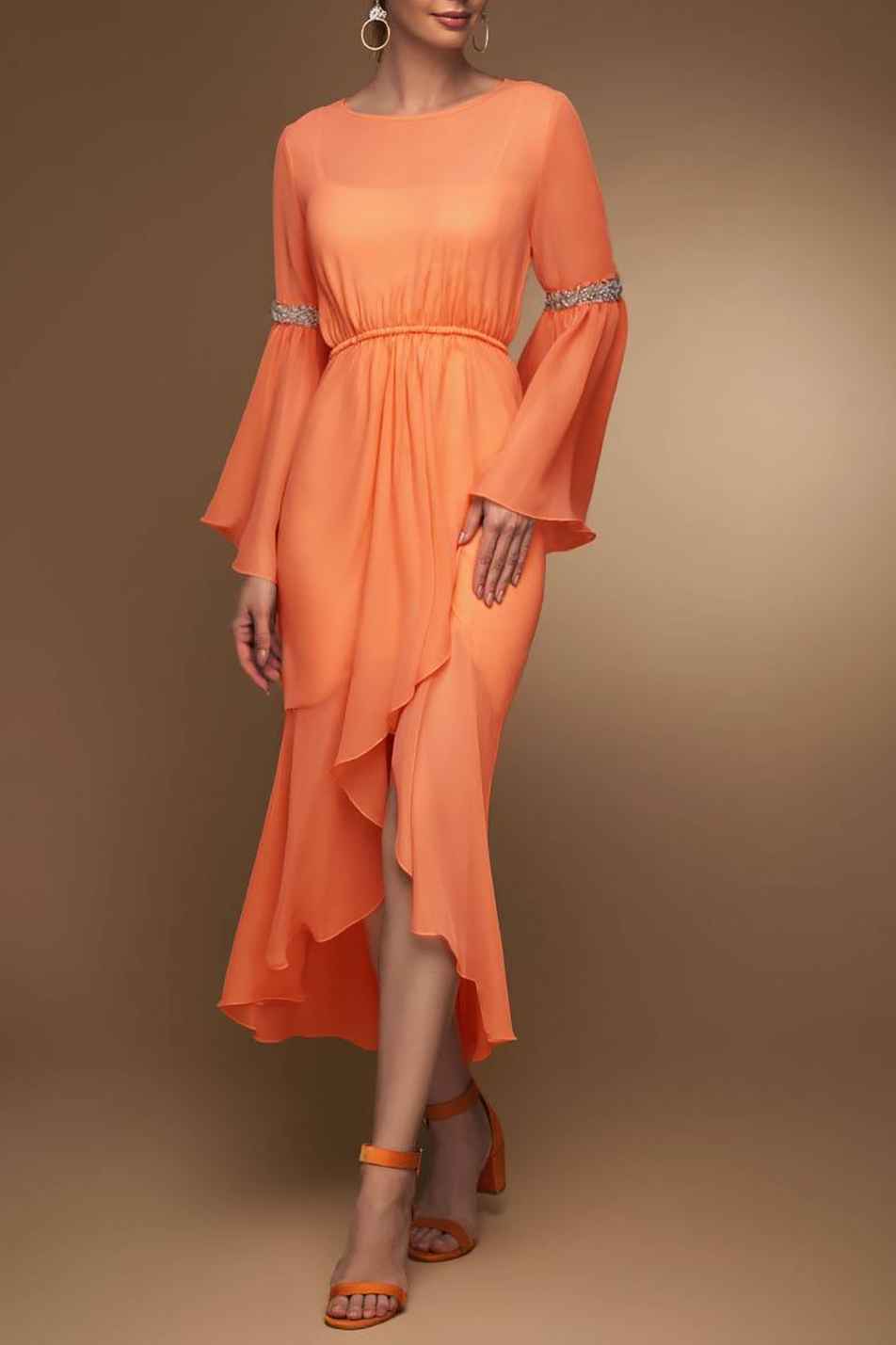 Cocktail Party Dress Orange Round Neck Long Sleeve Chiffon Side Slit M