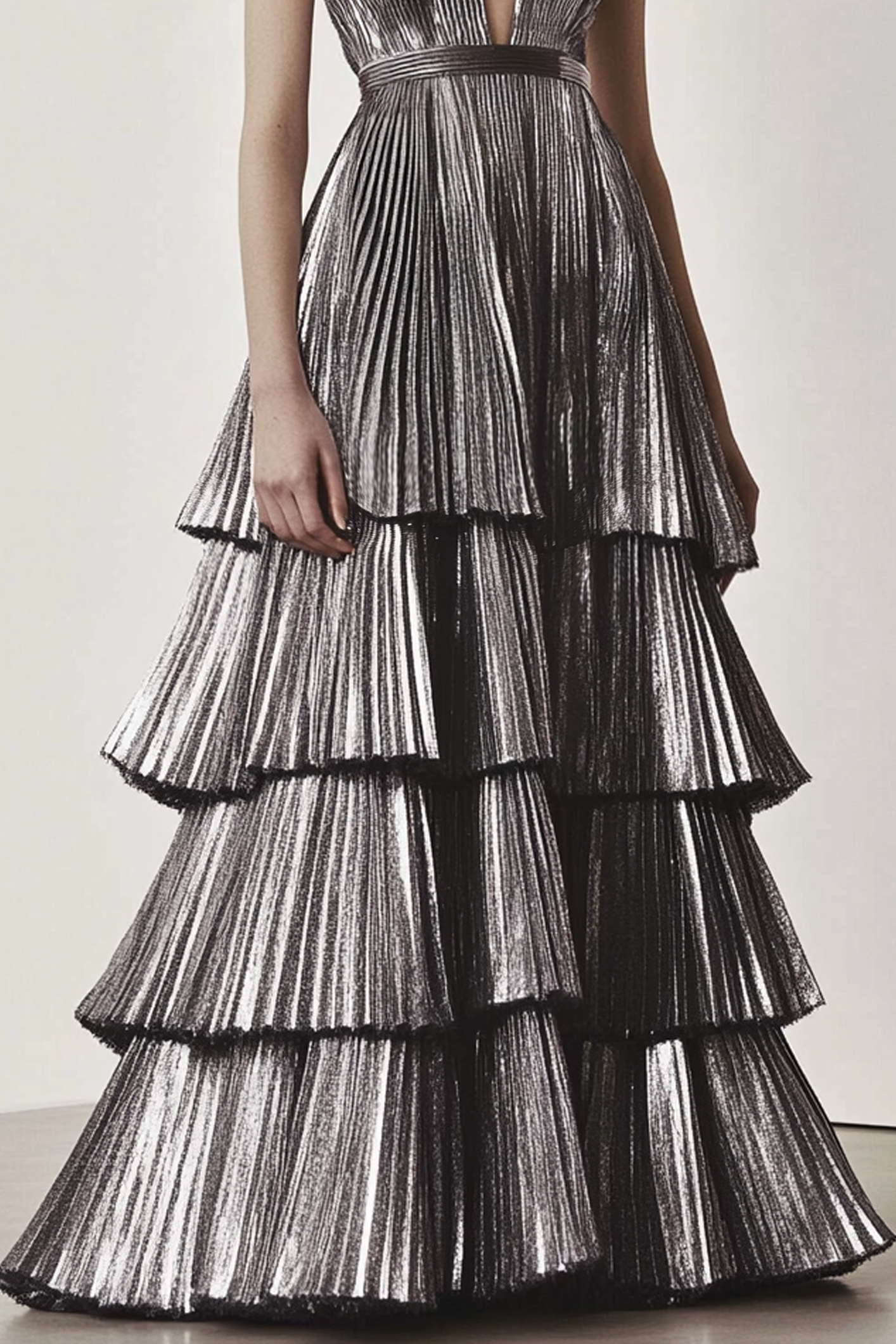 Prom Evening Dress Silver Deep V Sleeveless Tiered Layer Floor-Length Gown