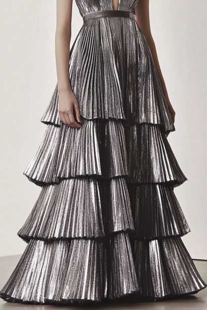 Prom Evening Dress Silver Deep V Sleeveless Tiered Layer Floor-Length Gown