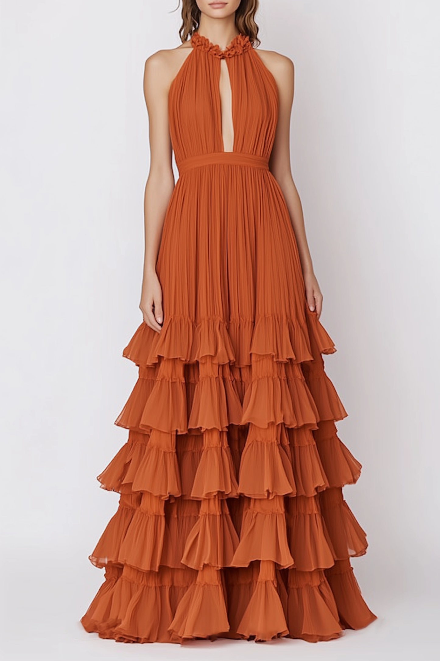 Evening Dress Orange Halter Neck Ruffle Tiered Layer Floor-Length Gown