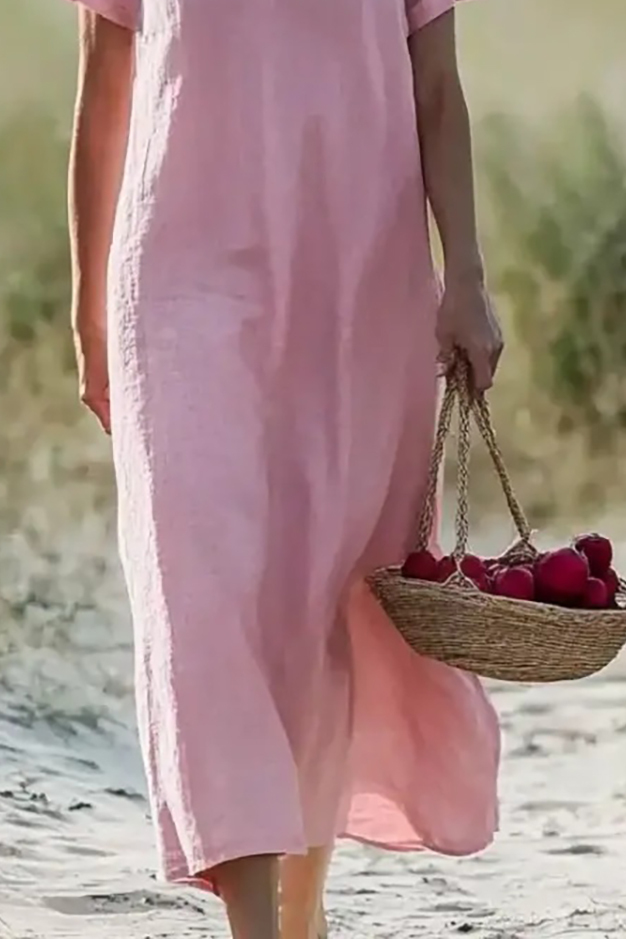 Daily Casual Dress Pink Linen V-Neck Loose Midi Dress