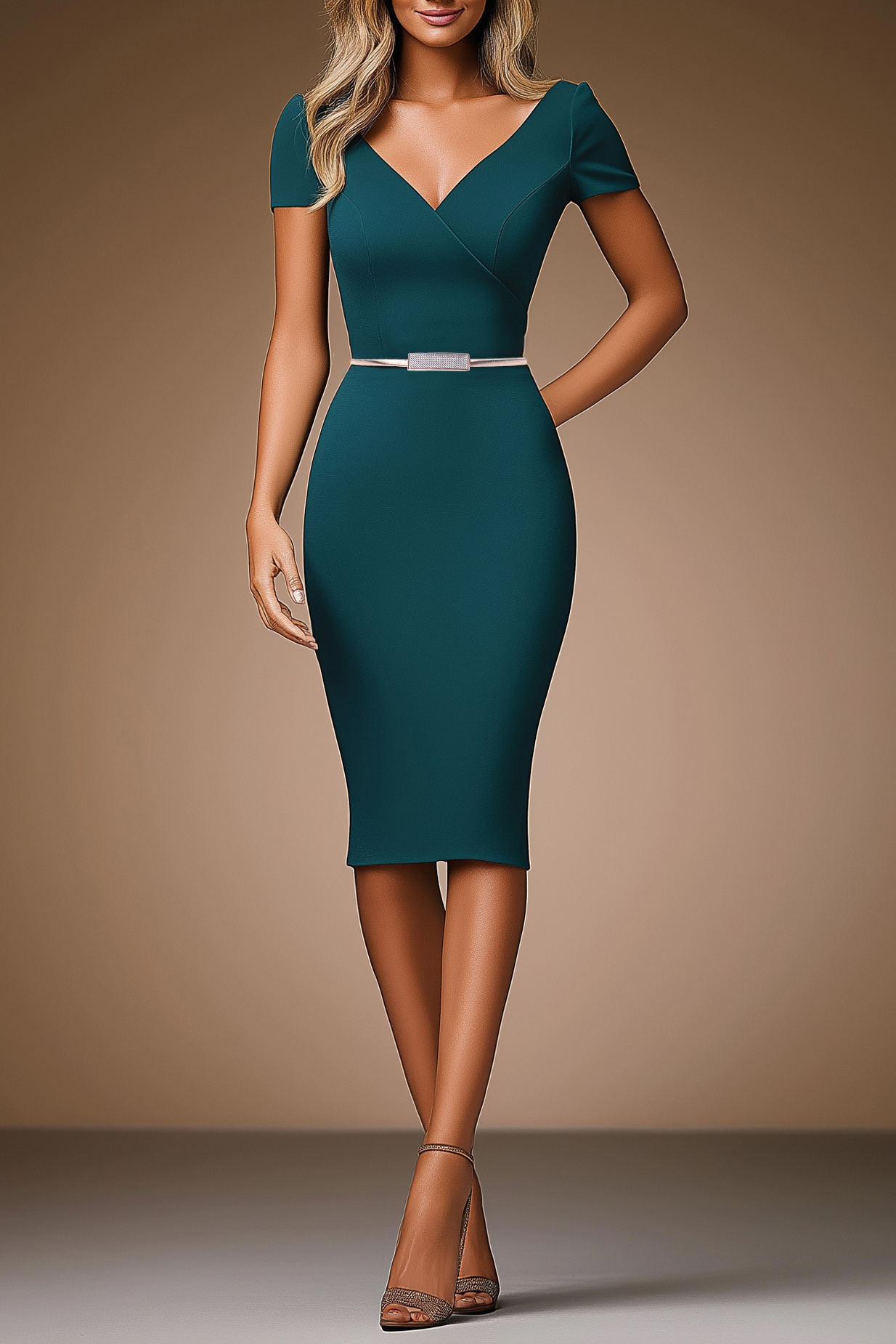 Work Semi-Formal Dress Dark Green V-Neck Fitted Waist Knee-Length Dress
