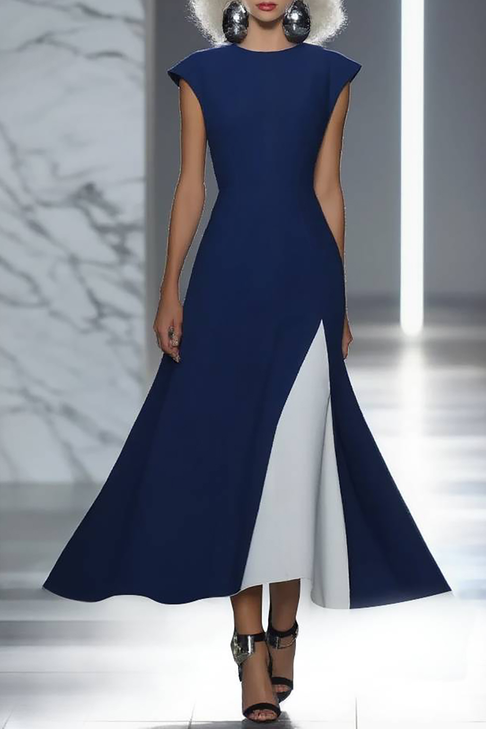 Formal Evening Dress Blue White Colorblock Round Neck Midi Dress