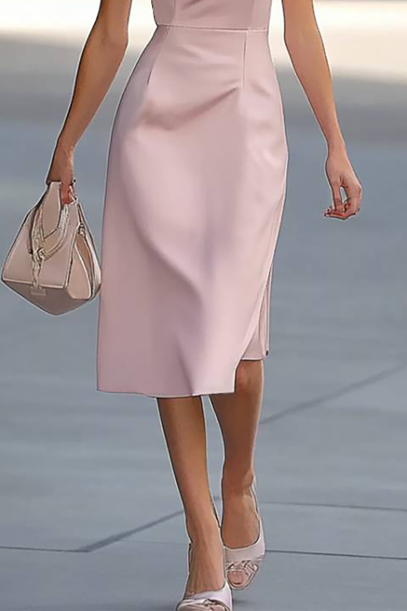 Wedding Guest Semi-Formal Dress Light Pink Round Neck Knee-Length Dress