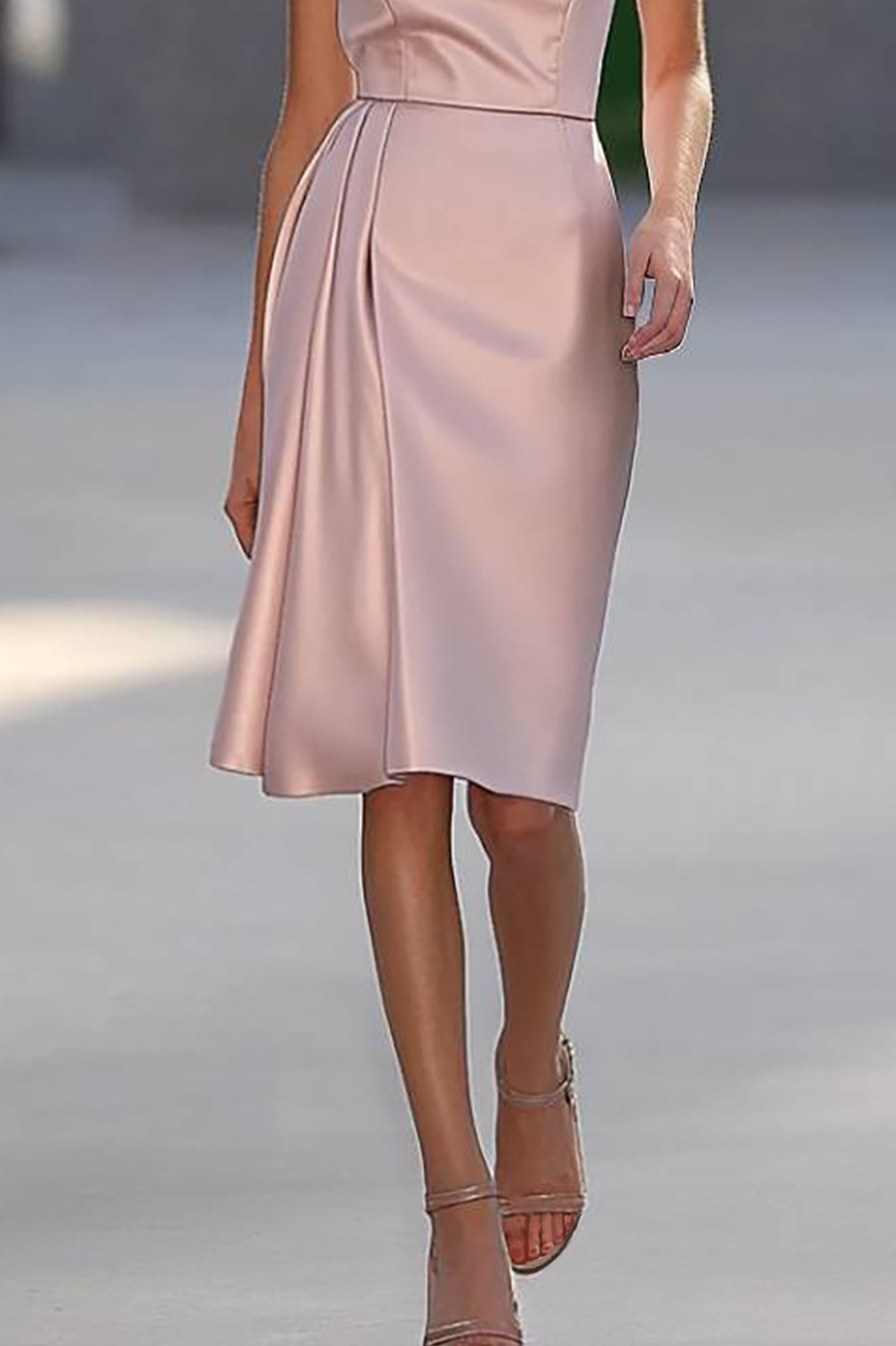 Wedding Guest Semi-Formal Dress Light Pink Satin Knee-Length Dress