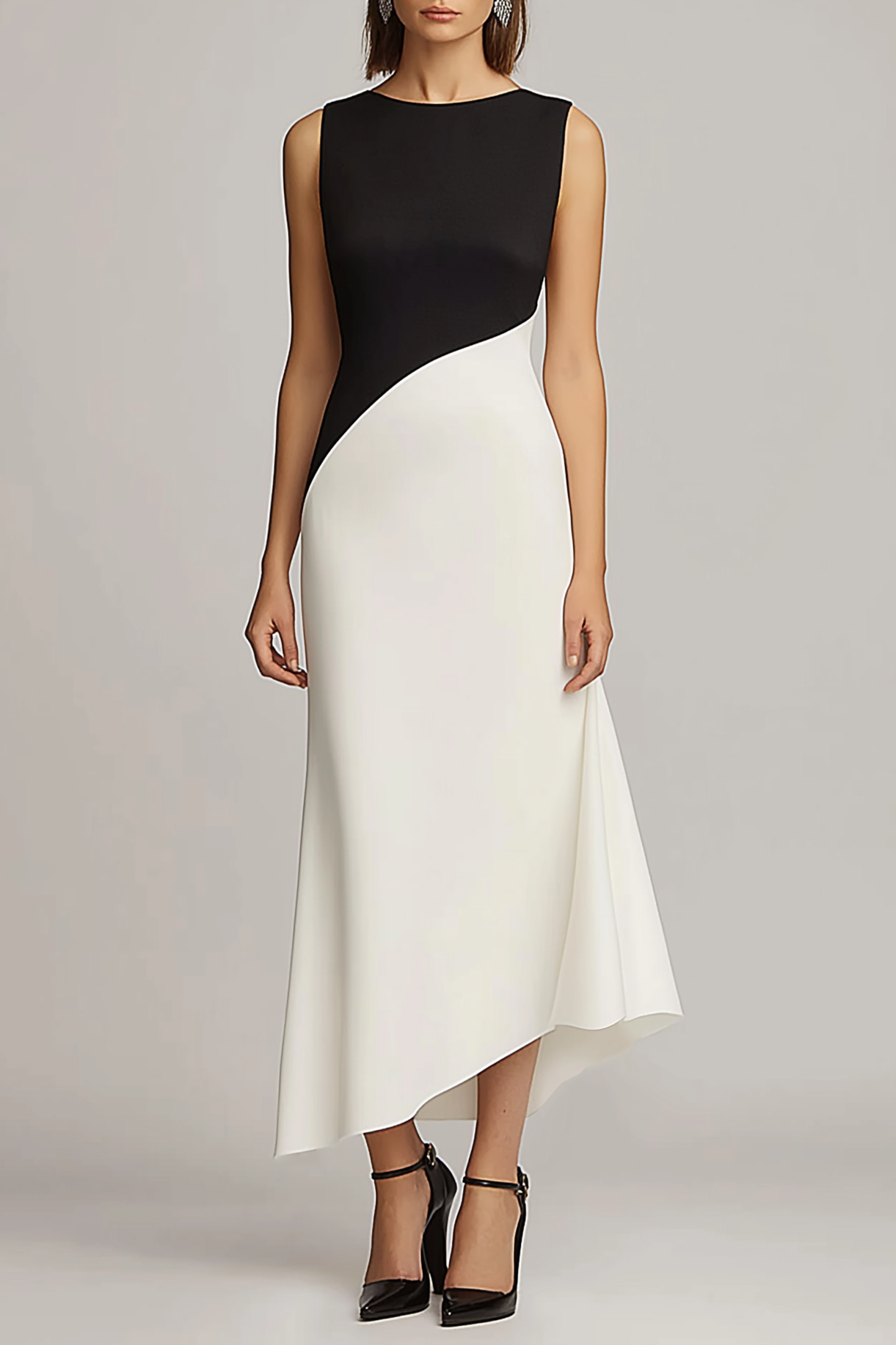 Semi-Formal Party Dress Black White Round Neck Sleeveless Maxi Dress