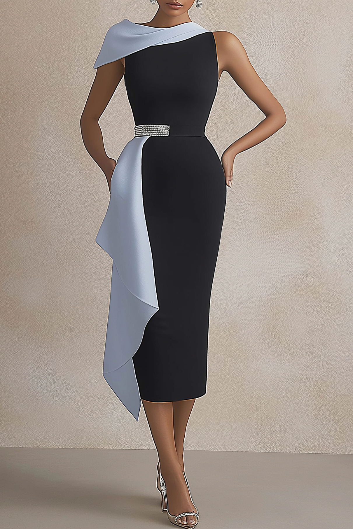 Semi-Formal Party Dress Black Blue One Shoulder Draped Fitted Midi Dress