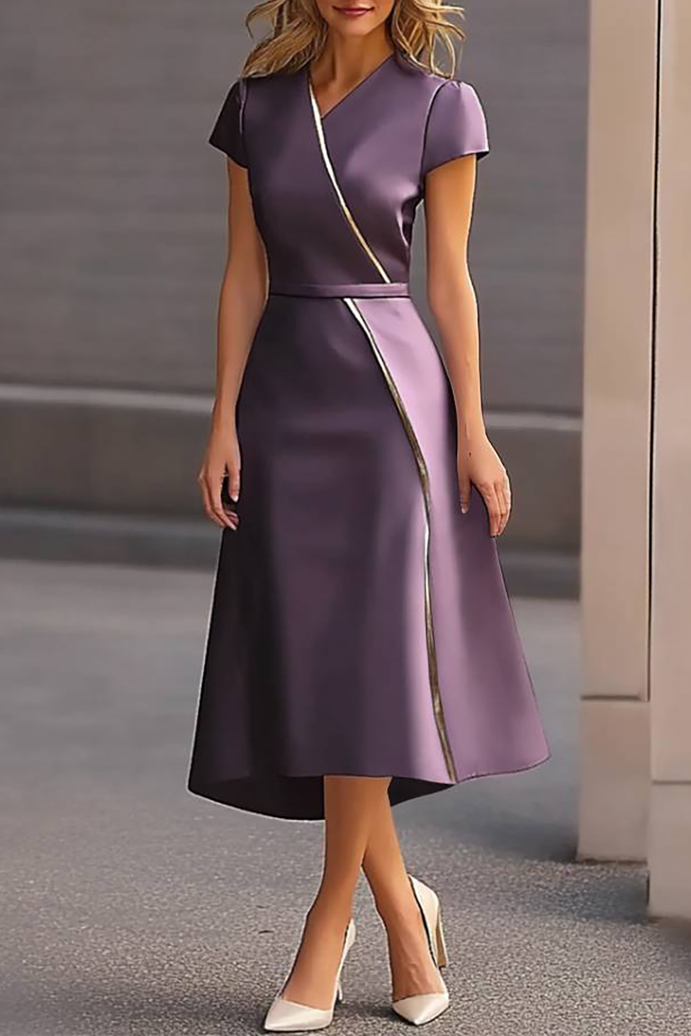 Work Semi-Formal Dress Purple Cross Neck Short Sleeve Midi Dress