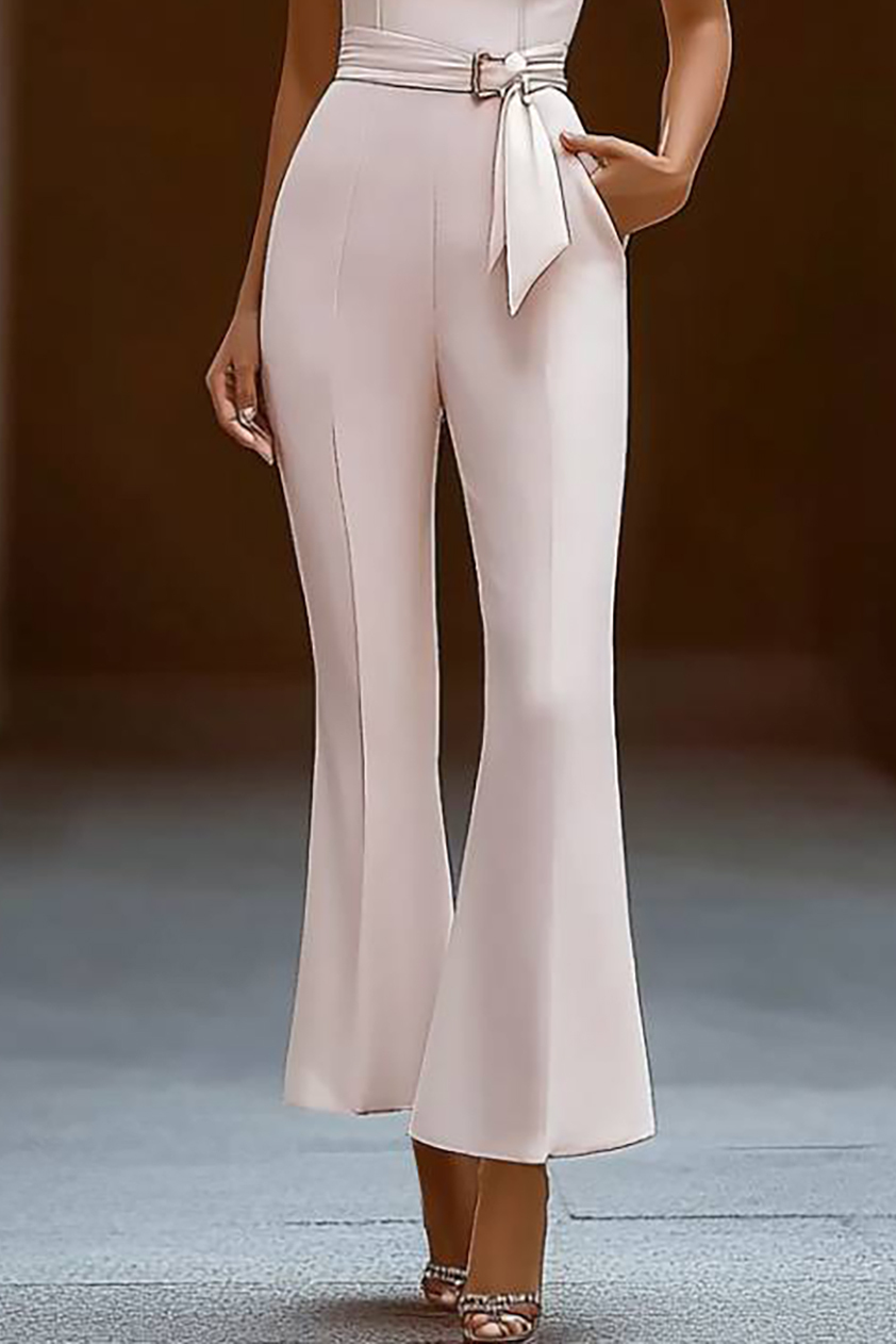 Party Strapless Jumpsuit White Belted with Pockets Flared Pants