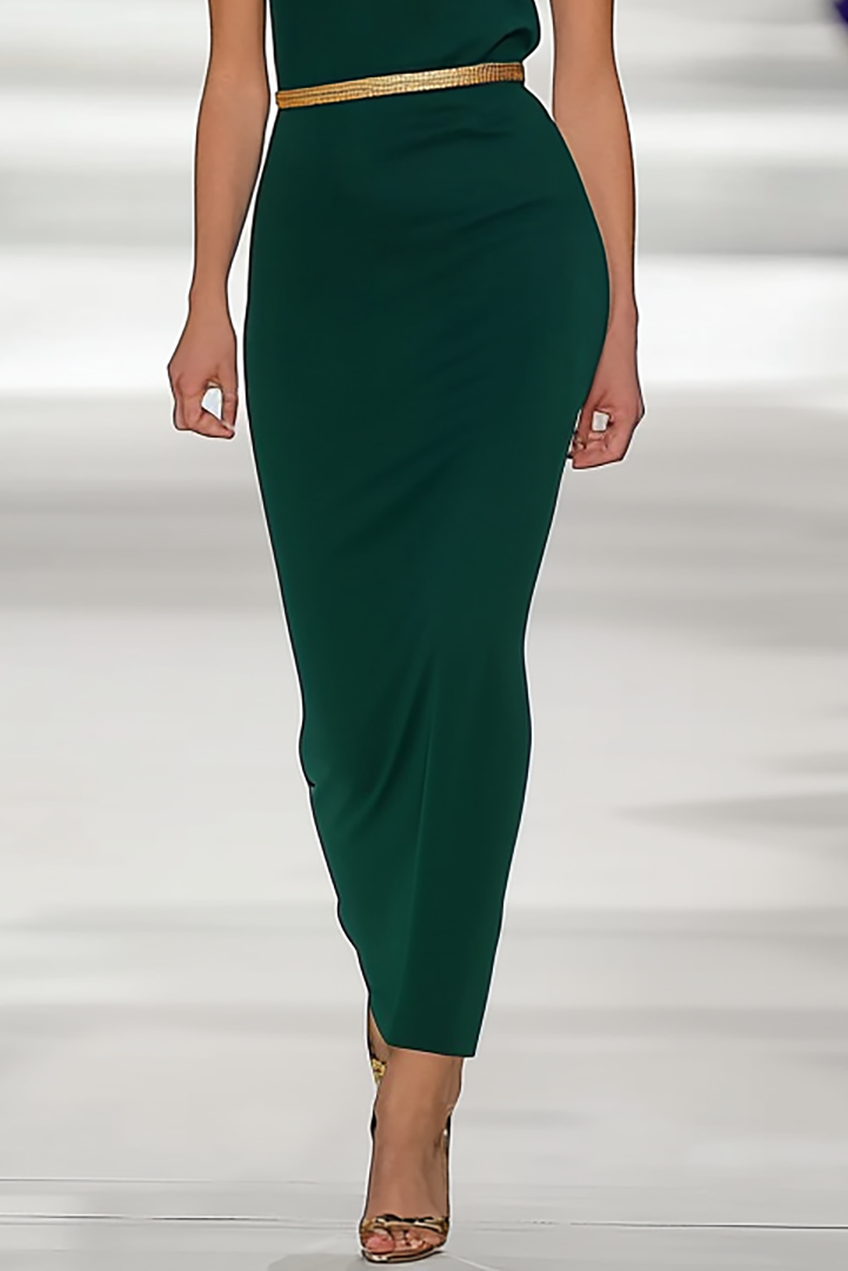 Daily Work Green Dress Gold Belt Boat Neck Midi Dress