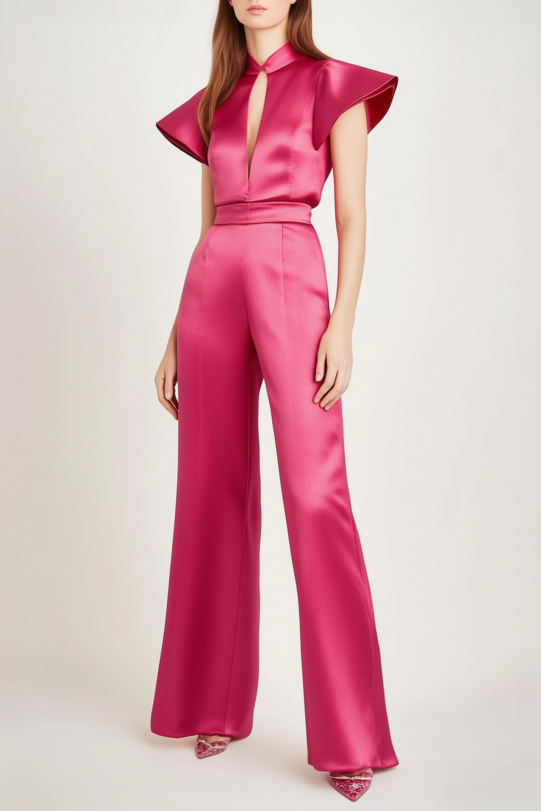Party Satin Jumpsuit Rose Keyhole Straight-Leg Pants