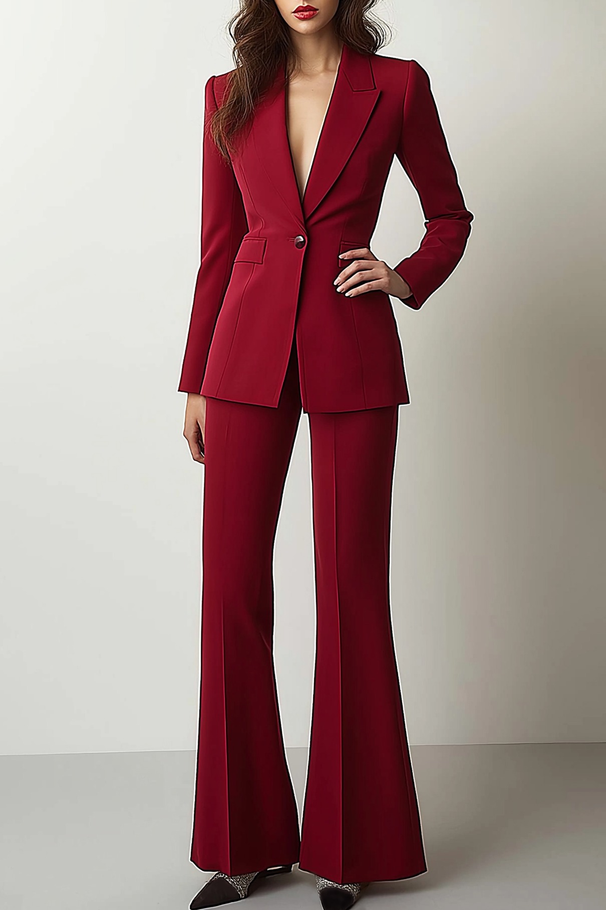 Formal Work Suit Set Red Long Sleeve Flared Pants Suit