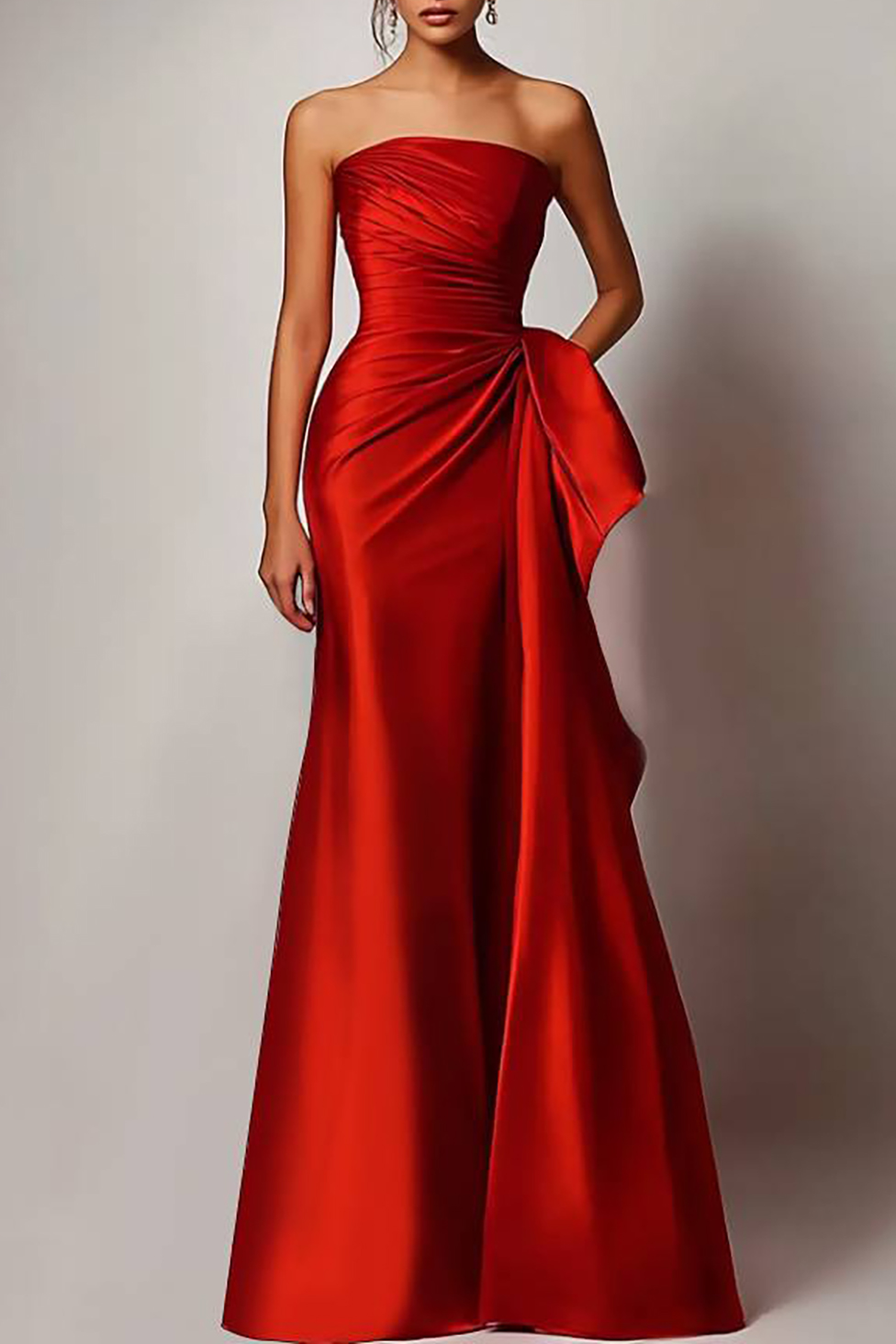 Evening Formal Dress Red Strapless Satin Floor-Length Gown