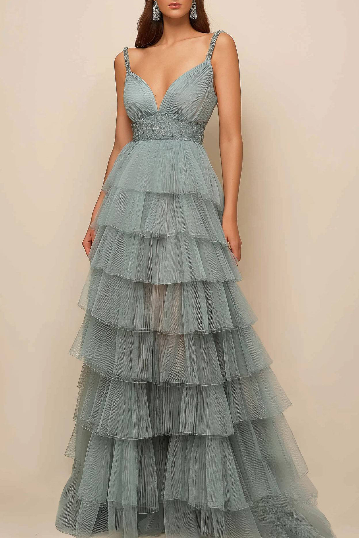 Prom Tiered Layer Dress Light Green Spaghetti Strap Floor-Length Dress