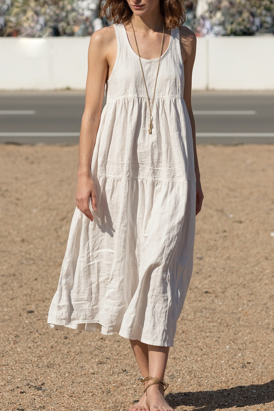 Vacation Dress White Spaghetti Strap Sleeveless Loose Midi Dress