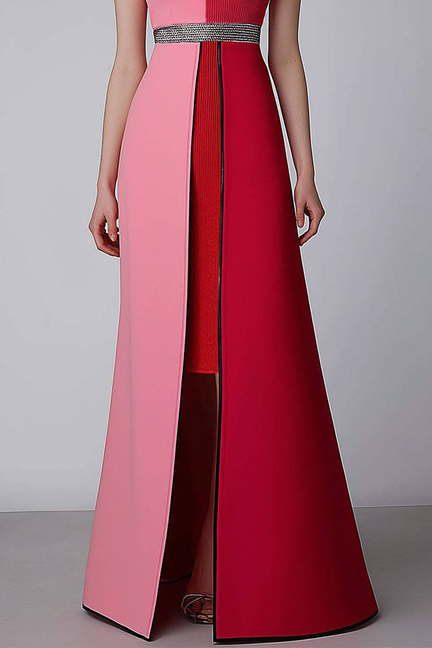 Elegant Evening Color-Block Dress Sleeveless High Collar Front Slit Long Dress