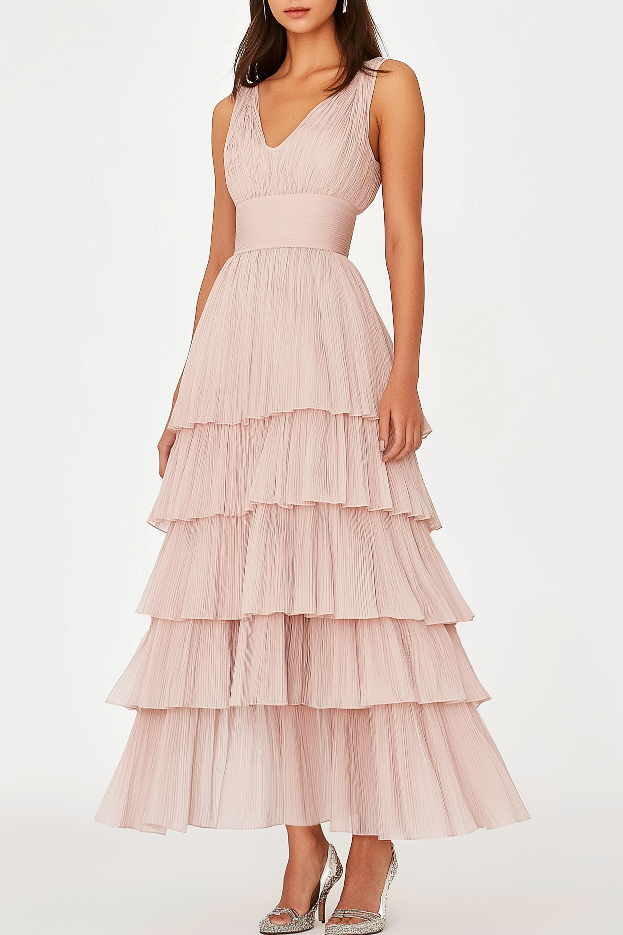 Prom Tiered Layer Dress Light Pink Sleeveless Mesh Maxi Dress