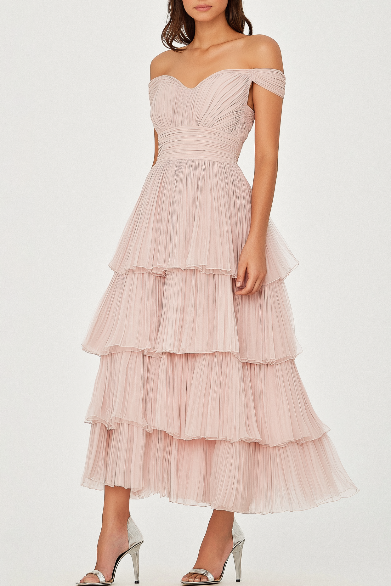 Prom Tiered Layer Dress Light Pink Off Shoulder Pleated Mesh Maxi Dres