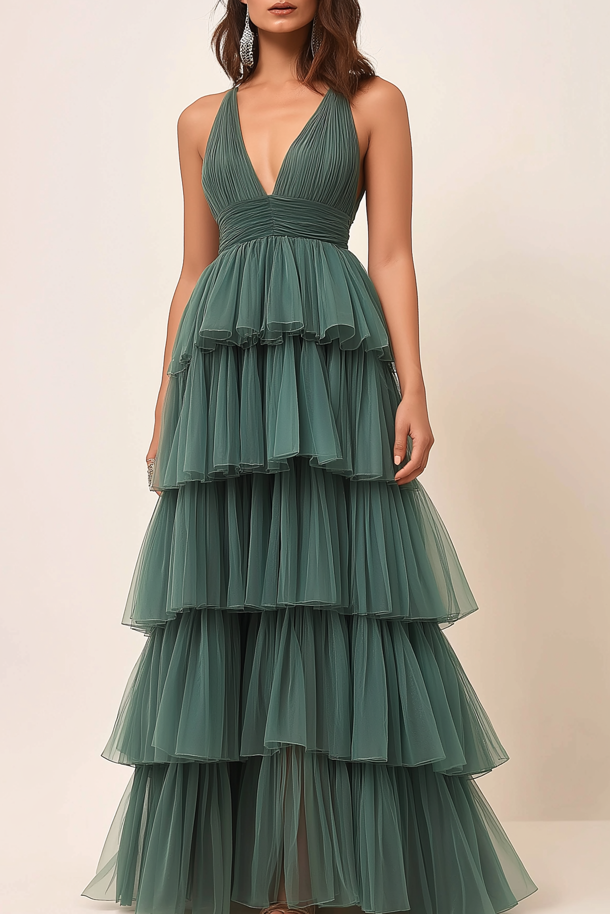 Prom Tiered Layer Dress Green Spaghetti Strap Deep V Mesh Floor-Length