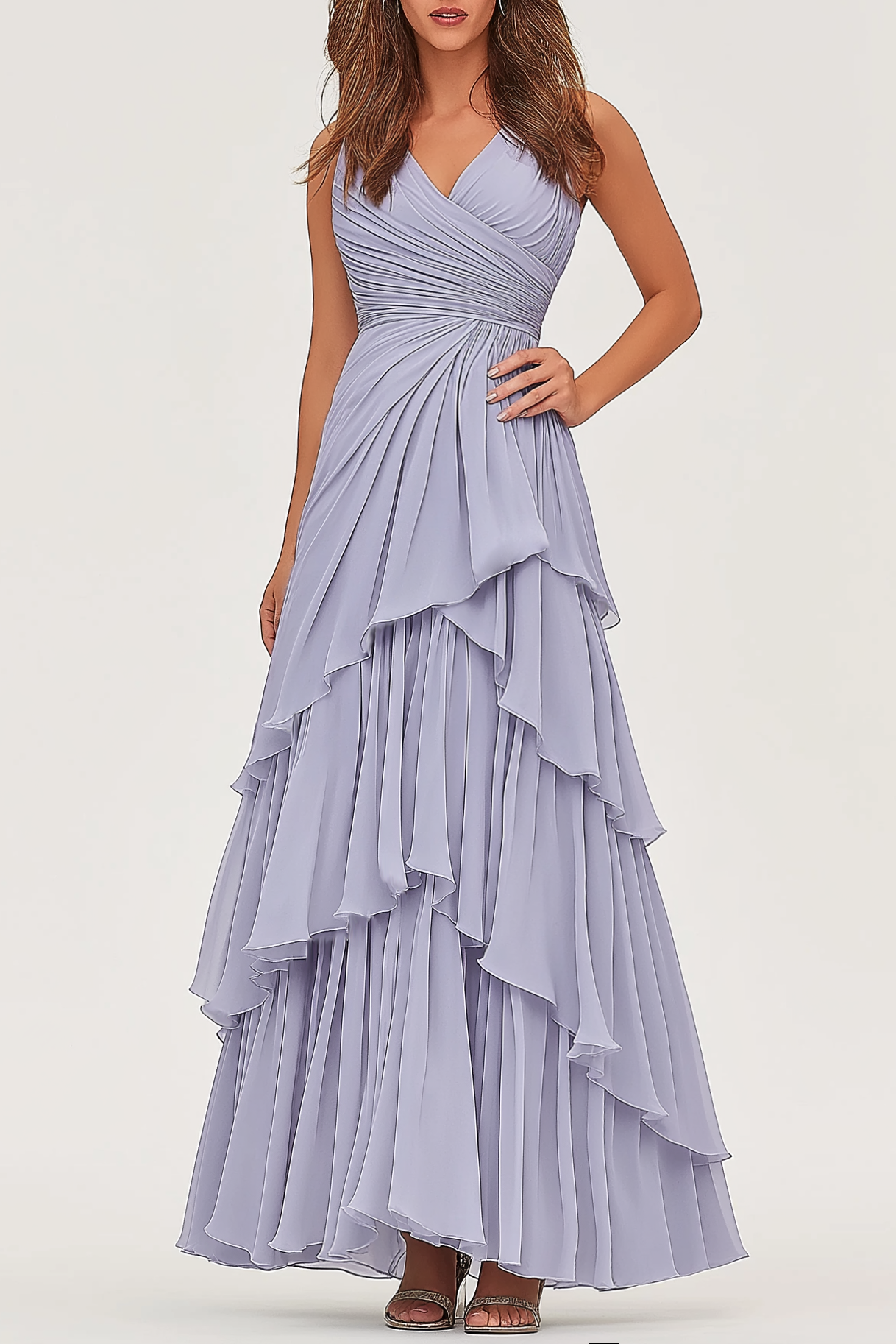 Evening Tiered Layer Dress Light Blue Spaghetti Strap Floor-Length Dress