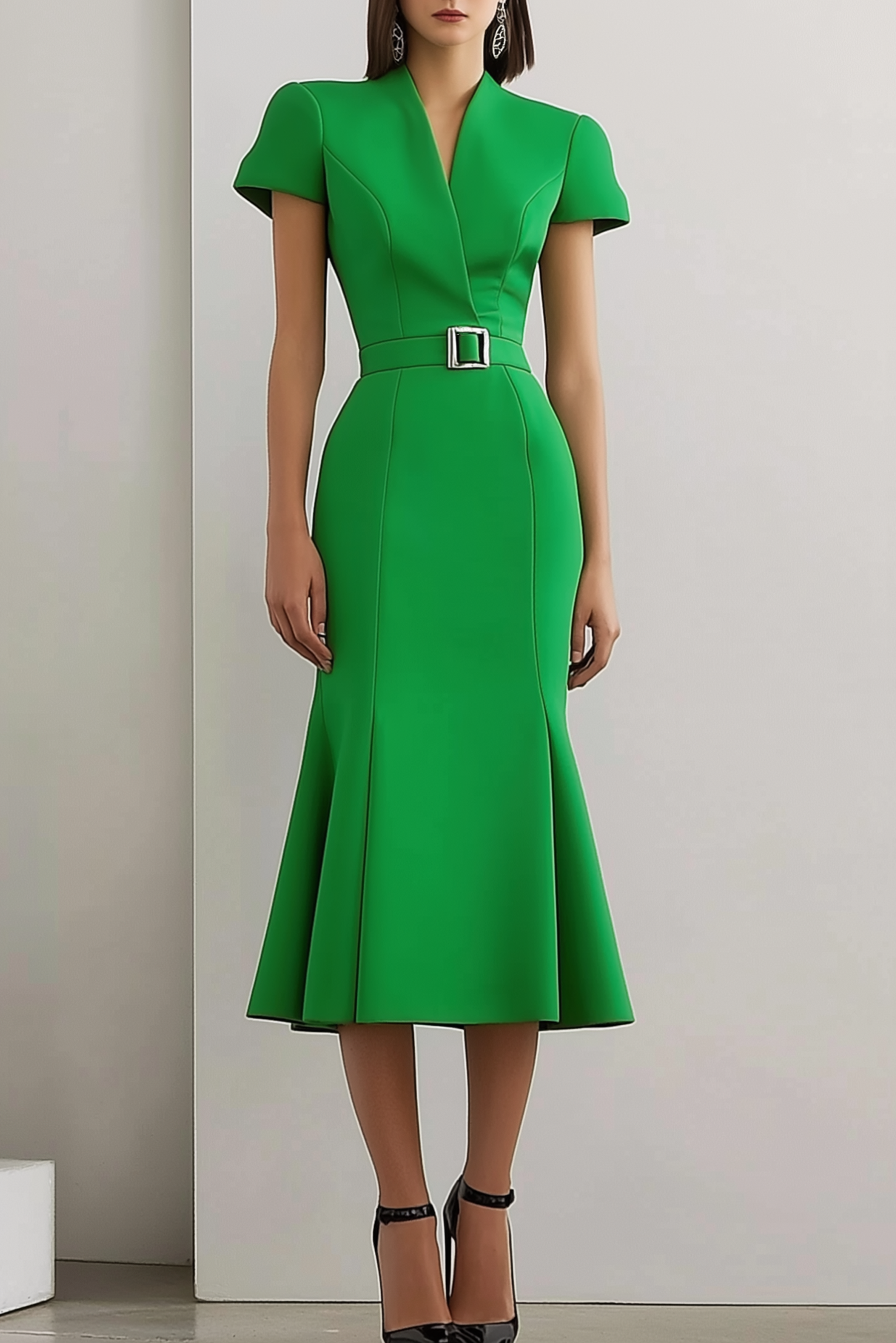 Party Semi-Formal Dress Green Cross Neck Mermaid Midi Dress