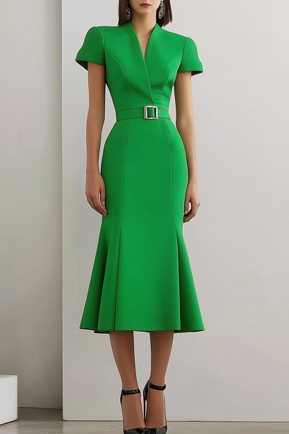 Party Semi-Formal Dress Green Cross Neck Mermaid Midi Dress
