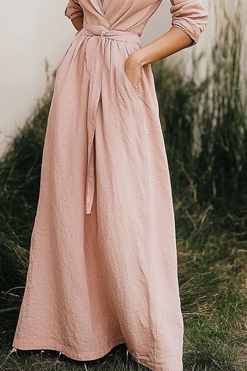 Daily Casual Linen Dress Light Pink Cross Neck Pocket Floor-Length Dress
