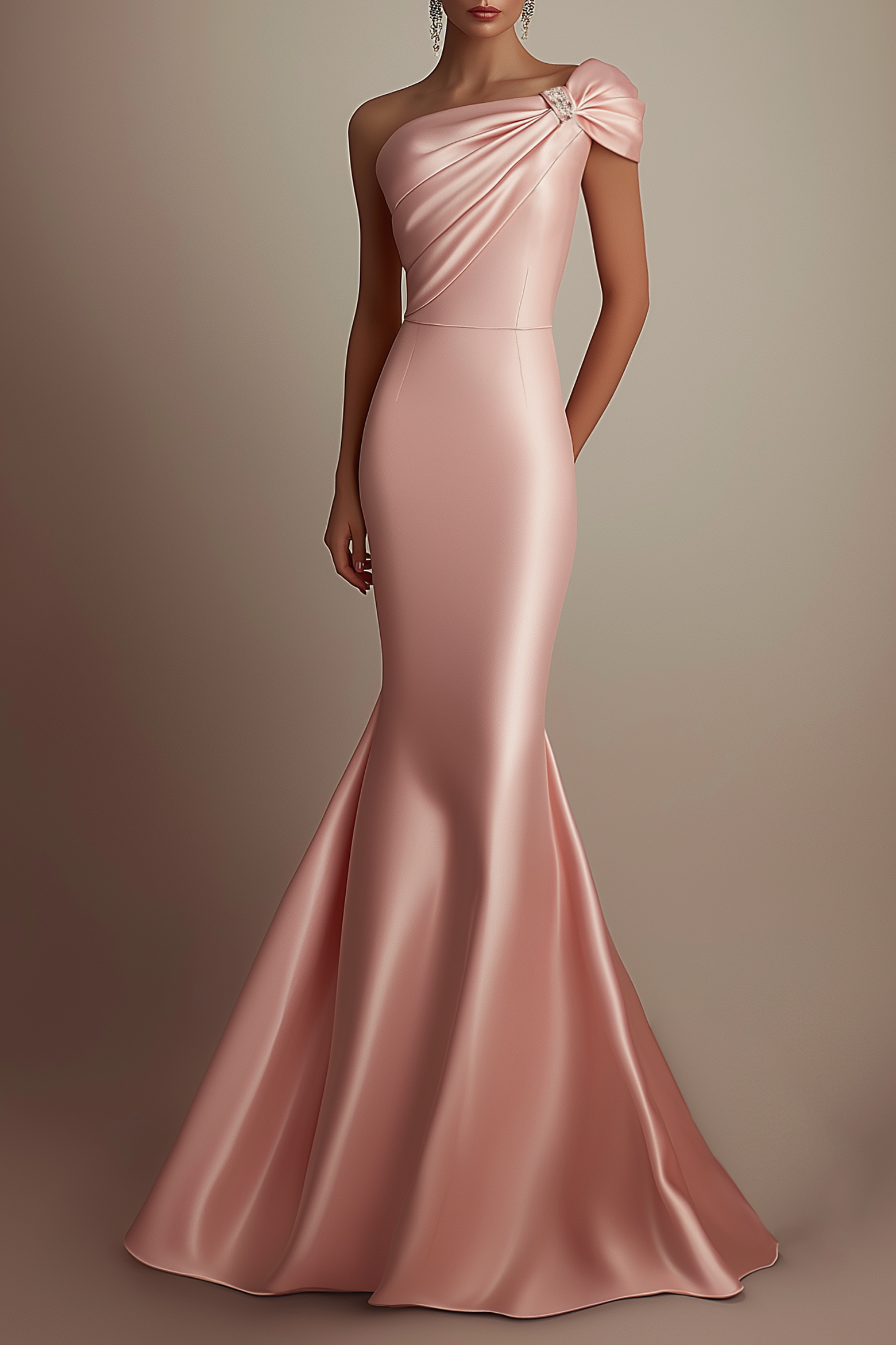 Evening Formal Satin Dress Light Pink One Shoulder Mermaid Floor-Length Gown