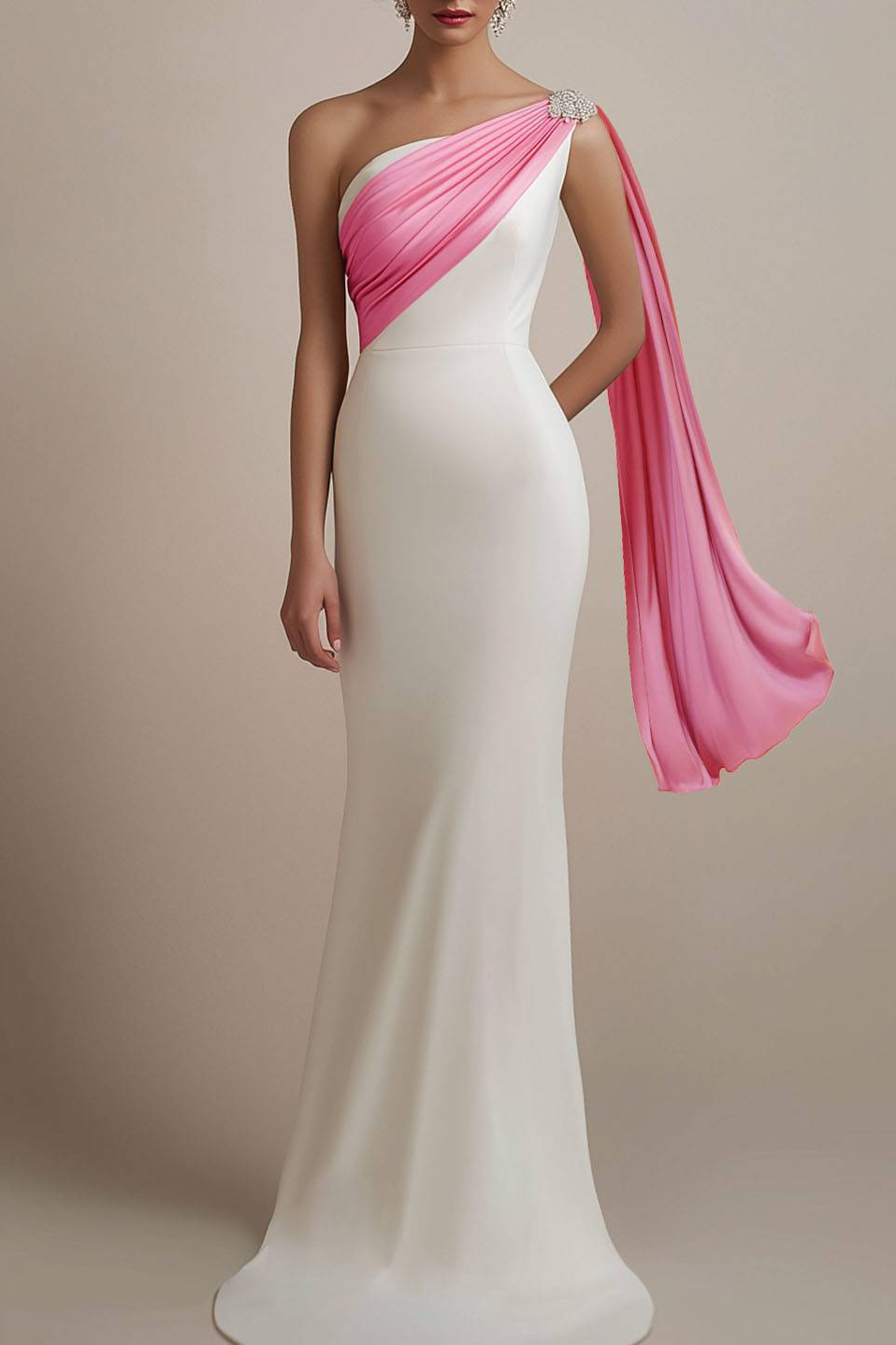 Evening Formal Satin Dress White Pink One Shoulder Floor-Length Gown