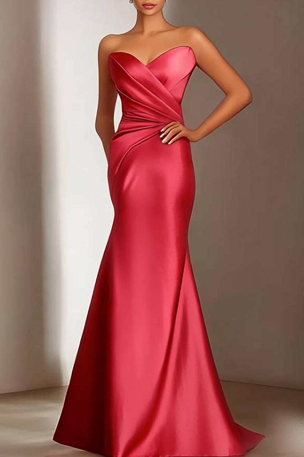 Evening Formal Satin Dress Red Strapless Ruched Waist Floor-Length Gown
