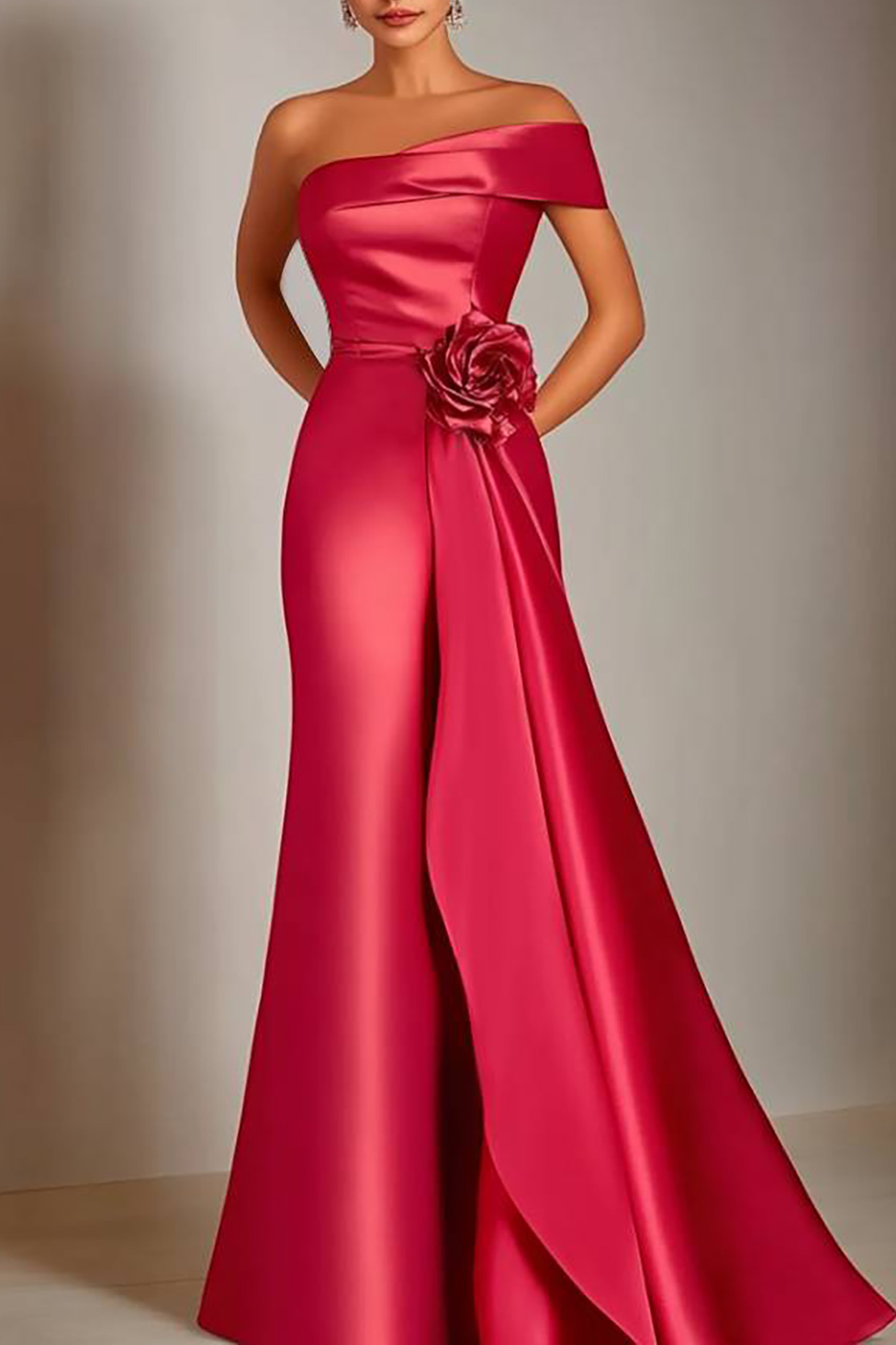 Evening Formal Satin Dress Red One Shoulder 3D Floral Draped Floor-Length Gown