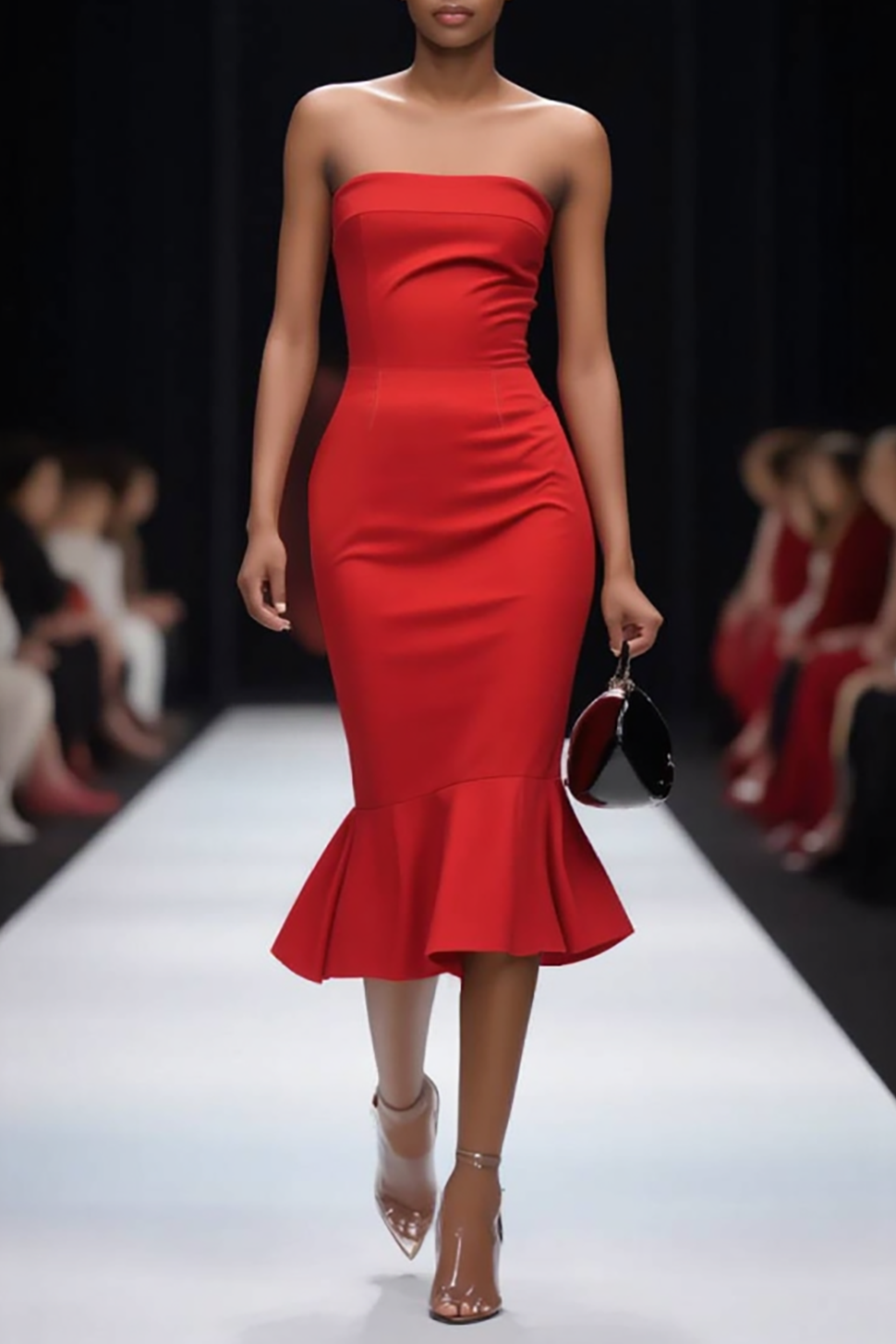 Cocktail Party Dress Red Strapless Fitted Mermaid Midi Dress