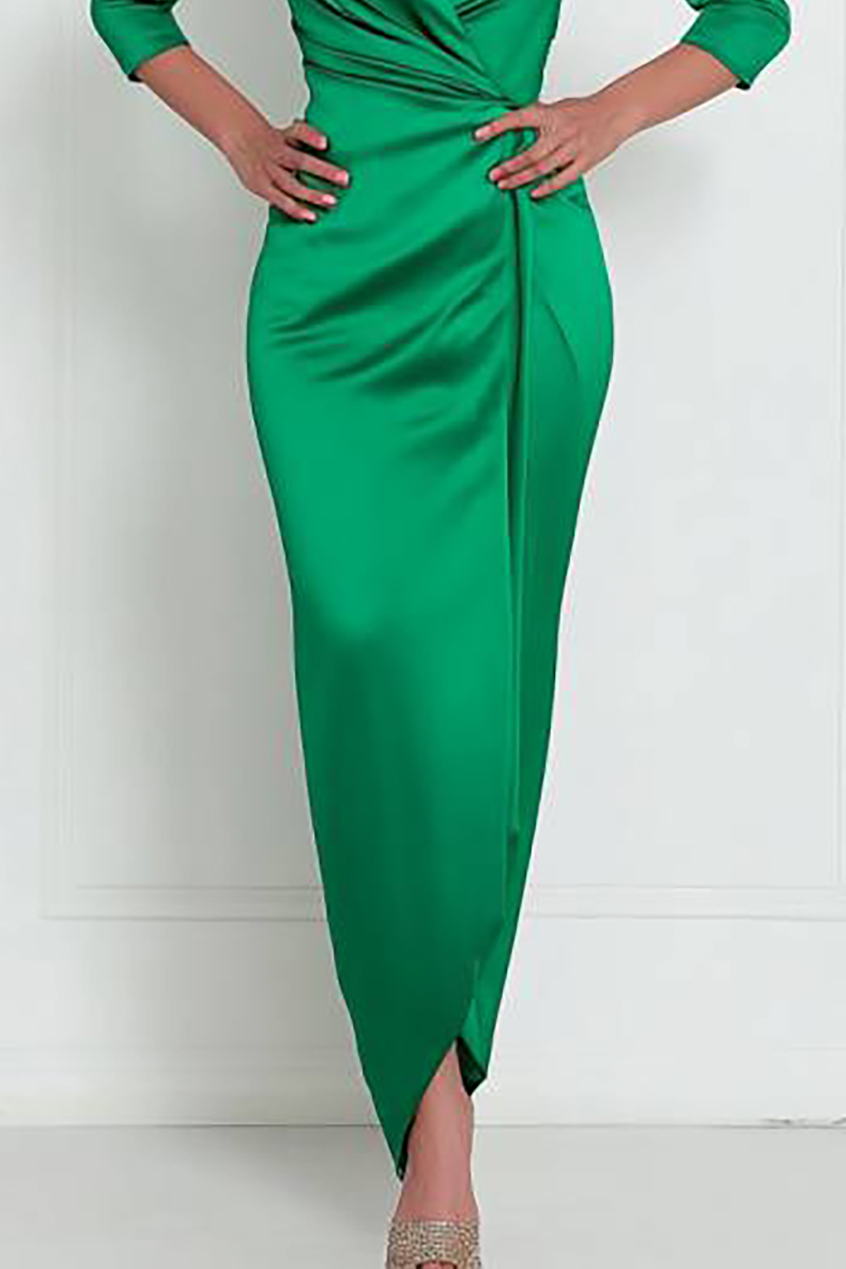 Party Satin Dress Green Cross Neck Long Sleeve Maxi Dress