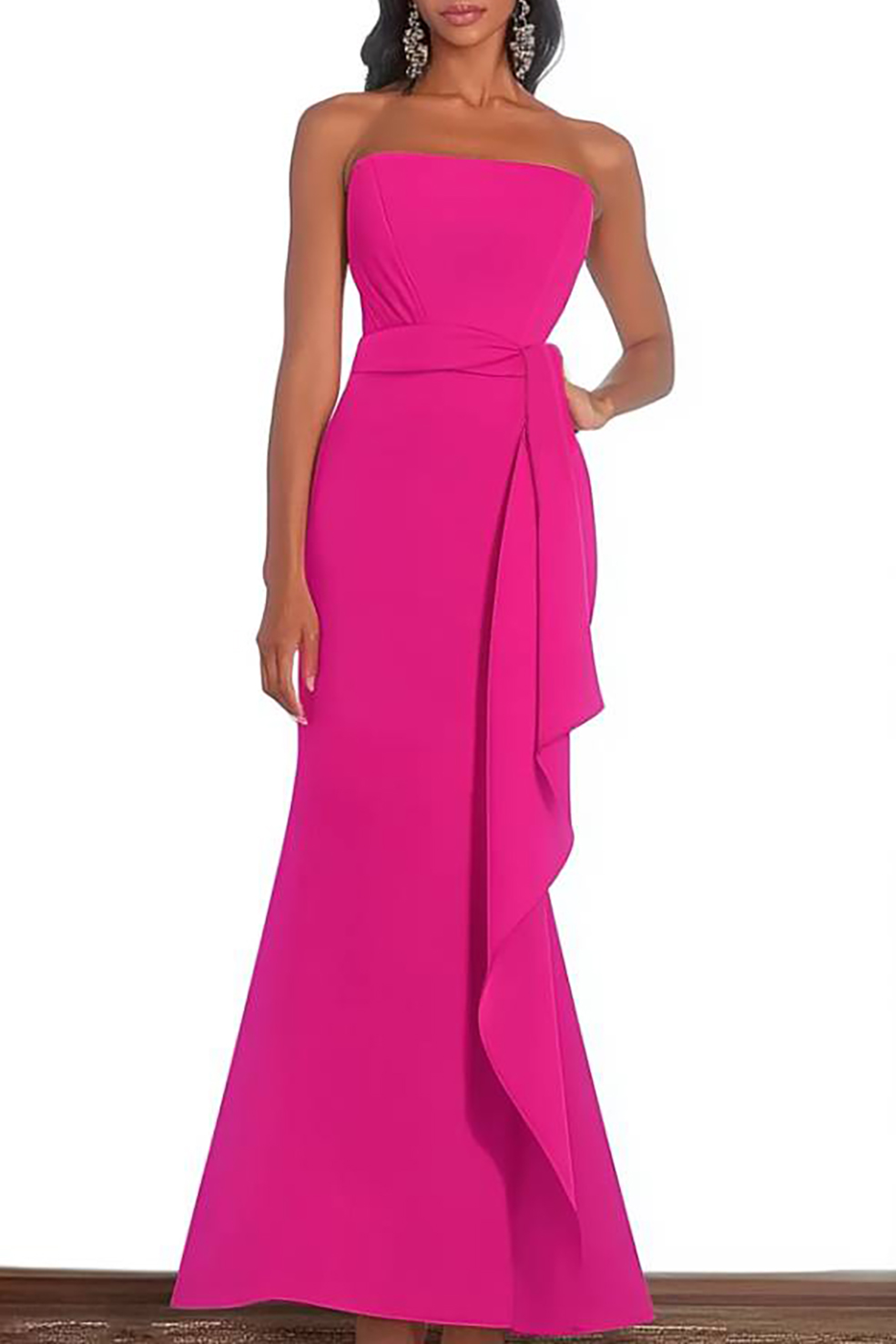 Evening Formal Dress Fuchsia Strapless Draped Maxi Gown