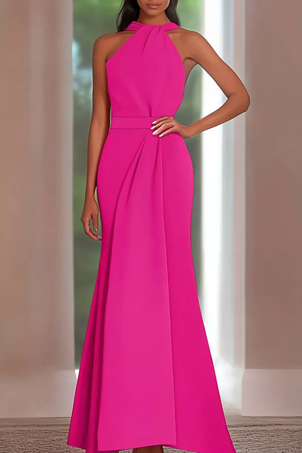 Evening Formal Dress Fuchsia Halter Maxi Gown
